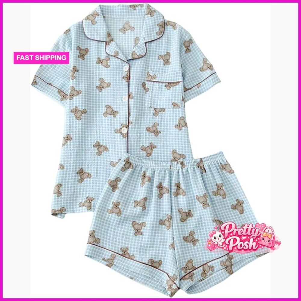 Polyester Pajama Set with Button Up Shirt and Shorts